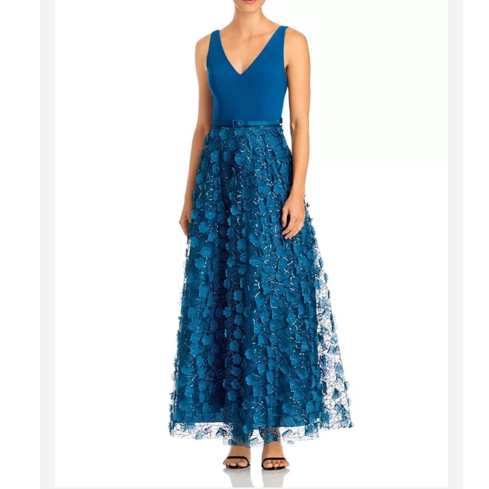 Eliza J Gown Women 10 Teal Blue Excellent 3D Floral Sequin A-Line Maxi Dress